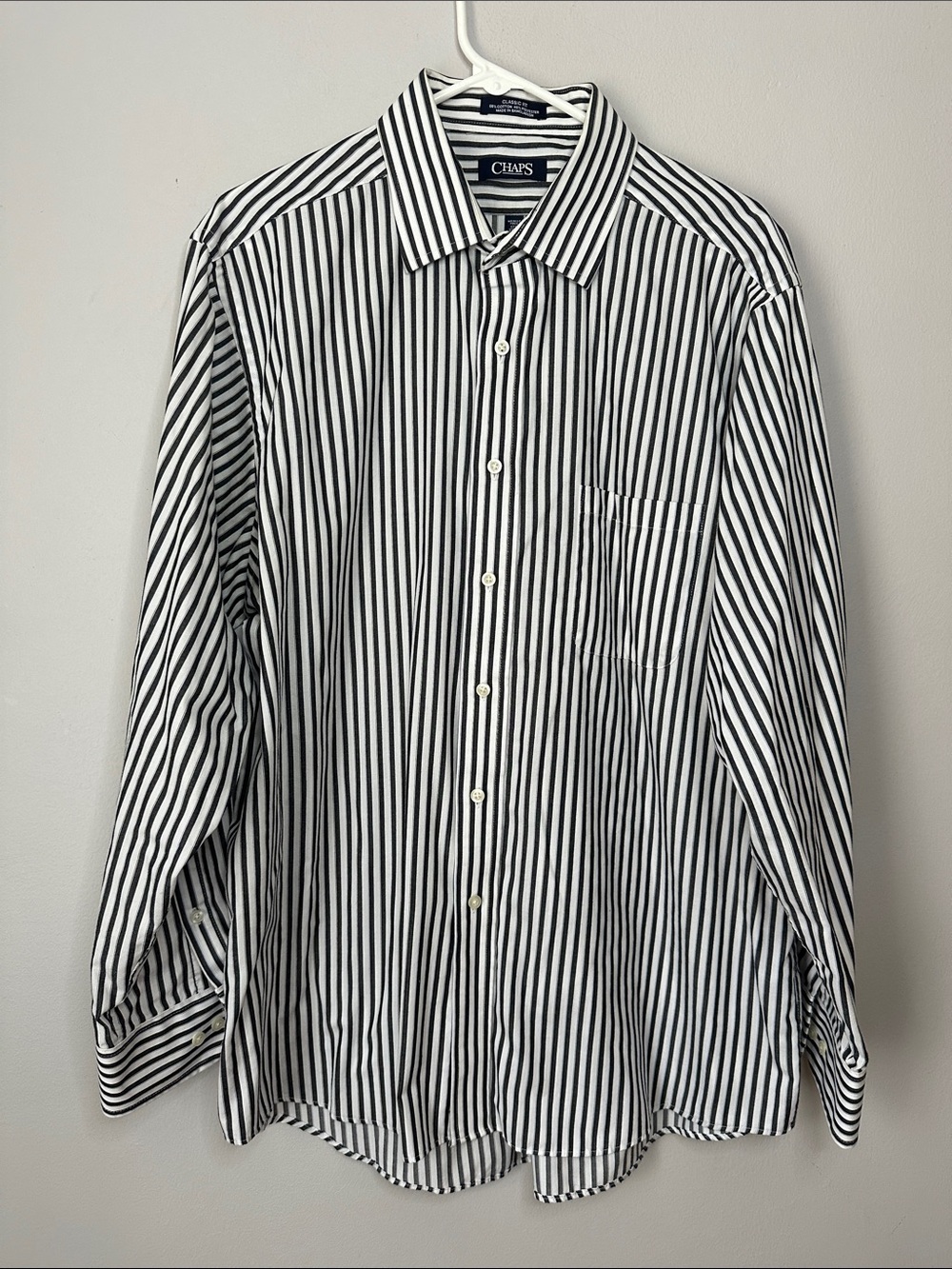 Chaps Men's Black and White Striped Long-Sleeve Dress Shirt size 17.5”